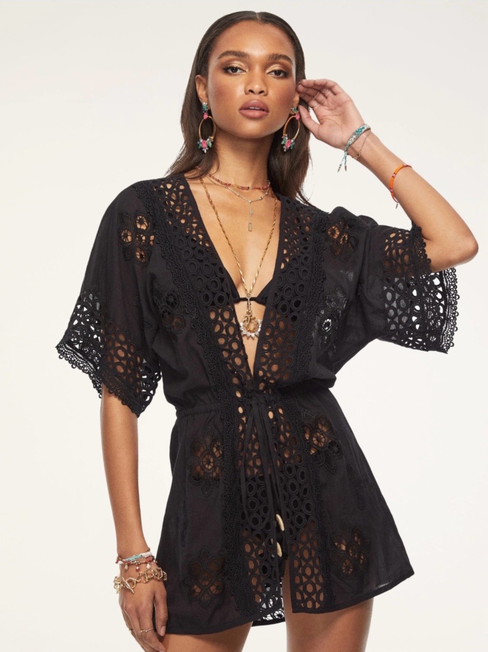 Ramy Brook Black Delphine Crochet Tie-Waist Swim Coverup Minidress - Picture 3 of 4